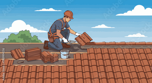 Professional roofer installing new terracotta clay tiles on residential house roof during construction