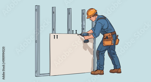 Construction worker installing drywall on metal studs using power drill