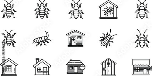 Black and white line of insects and houses beetles bugs buildings