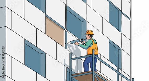 Construction worker on scaffolding sealing facade joints with sealant gun