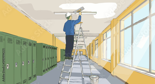 Worker on ladder plastering ceiling in school hallway. Vector illustration of building maintenance and renovation