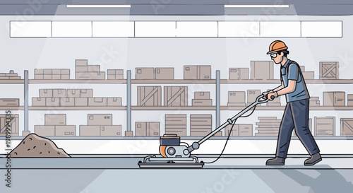 Worker smoothing concrete floor with power trowel in warehouse illustration
