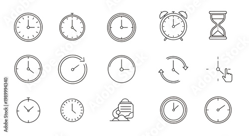 Collection of clocks and timepieces featuring analog, digital, and hourglass designs suitable for graphic resources.