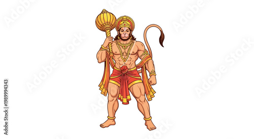 Detailed vector illustration celebrating Hanuman Jayanti, depicting the Hindu god Hanuman holding a mace over his shoulder with a powerful stance against a plain white background