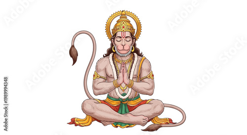 An intricate vector illustration depicts Hanuman Jayanti, showcasing the deity in a meditative pose against a clean white background, rendered with vibrant colors and detailed design
