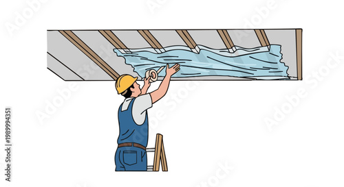 Construction worker in hard hat taping vapor barrier insulation to ceiling joists. Vector illustration of home renovation and building