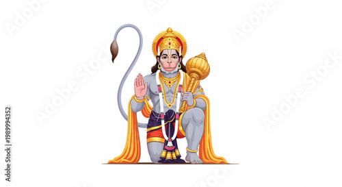 A vibrant vector illustration celebrates Hanuman Jayanti, showcasing a meticulously designed depiction of Hanuman in a kneeling pose against a clean white background, rendered with rich