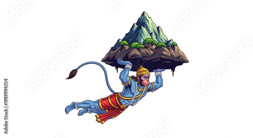 Detailed vector illustration design for Hanuman Jayanti, portraying Hanuman in mid-air, powerfully carrying a mountain with lush greenery against a clean white background, rendered