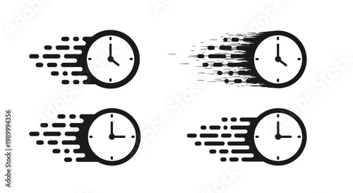 Set of four stylized clocks with motion streaks illustrating time and speed in a graphic design style.