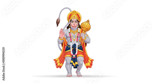 An illustration commemorating Hanuman Jayanti depicts the deity in a vibrant vector design, standing against a clean white background with a serene expression and wearing traditional