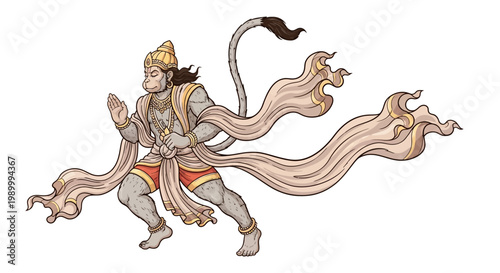A powerful Hanuman Jayanti vector illustration depicts the Hindu god in dynamic motion, with flowing garments and intricate design details against a clean white background, creating a sense