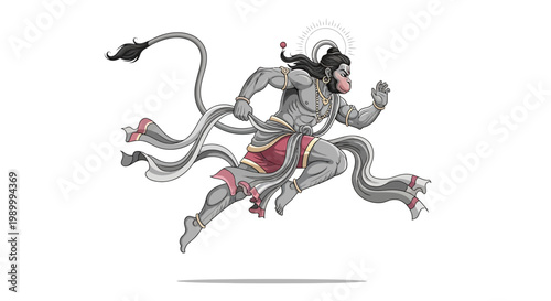 A vibrant vector illustration depicts Hanuman in mid-leap, designed with dynamic movement and flowing fabric details against a clean white background, celebrating Hanuman Jayanti