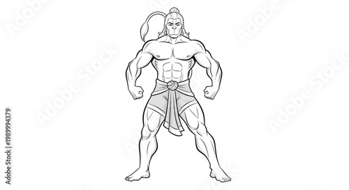 Detailed vector illustration of Hanuman Jayanti depicting the Hindu god in a powerful stance with a clean white background, rendered in a monochromatic color palette, showing intricate