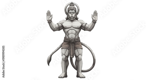Illustration of Hanuman, a revered Hindu deity, depicted in a vector design with his hands raised in blessing against a clean white background during Hanuman Jayanti, creating a spiritual