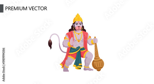 Vector illustration featuring Hanuman, a Hindu deity, in a vibrant design, holding a mace with one hand raised in blessing, posed against a clean white background celebrating Hanuman Jayanti
