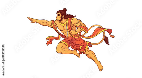 A vector art illustration depicts Hanuman, the Hindu god, in a dynamic pose with a flowing orange sash, set against a clean white background, celebrating Hanuman Jayanti with traditional