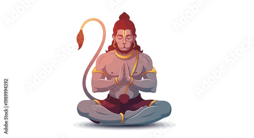 Vector illustration of Hanuman Jayanti featuring a deity in a serene meditative pose with hands pressed together in prayer, set against a clean white background in a simple, modern cartoon