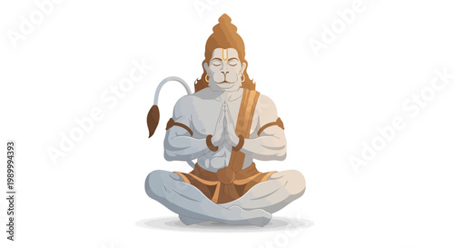 Detailed vector illustration showcases Hanuman Jayanti with a meditative design of the deity in a lotus position, hands pressed together in prayer, set against a clean white background