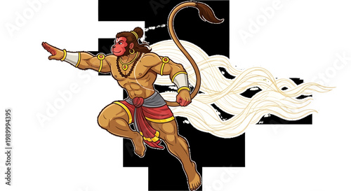 A vibrant vector illustration celebrates Hanuman Jayanti with a powerful depiction of Hanuman in dynamic action, set against a clean white background showcasing the intricate design