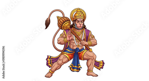 Vibrant vector illustration design celebrating Hanuman Jayanti, depicting the deity wielding a mace with a powerful stance and ornate jewelry against a stark white background for a clean