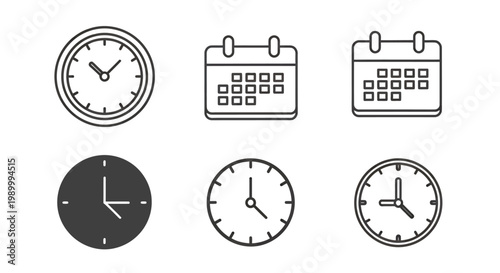 Collection of clocks and calendar icons in monochrome design for time and date representation.