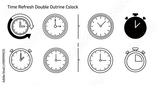 Set of analog clocks with various dials and hands for design projects and visuals.