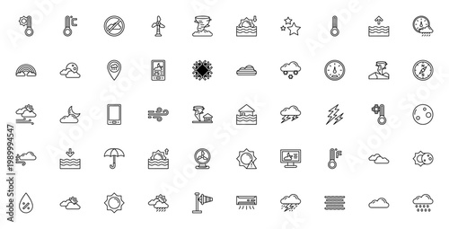 Weather icon set. Vector climate symbols collection. Includes temperature, wind, storm, sunny, cloudy, rain, snow and more. Editable stroke.