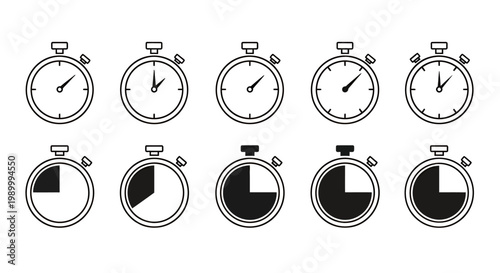 Set of stopwatch icons showing multiple timer styles and states for graphic design and UI projects.