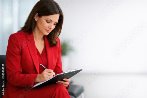 confident female executive in red formal suit writing on clipboard, hr manager taking notes during job interview, professional woman at work in modern office, corporate leadership success