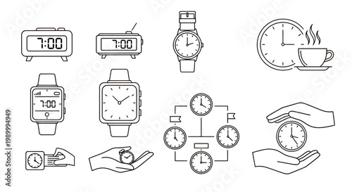 Collection of time and coffee icons featuring clocks, wristwatches, and a central network diagram motif.