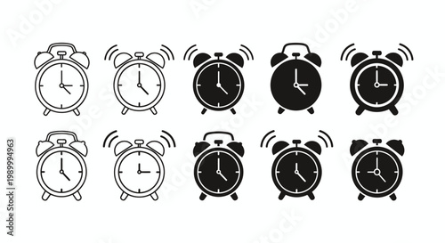 Collection of vintage and modern alarm clocks in black and white.