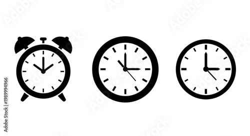 Three Classic Alarm Clocks Displaying Different Times in a Row - Illustration.