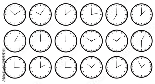 Grid of Analog Clocks Displaying Time Across Repetitive Circular Dials.