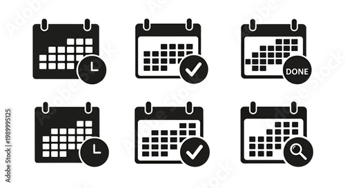 Set of calendar icons with check marks in various layouts and styles.