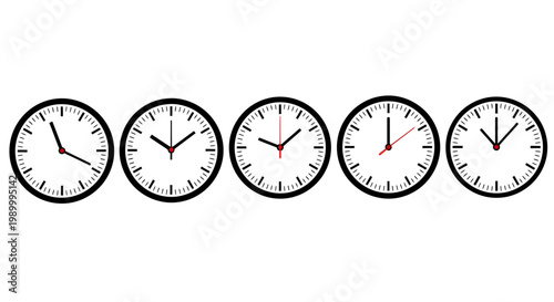 Five Analog Clocks Displaying Different Times in a Row for Time Concept Illustration.