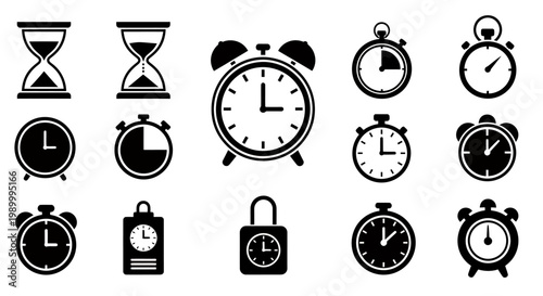 Collection of vintage and modern clocks and stopwatches in black and white for design and timepiece illustration.