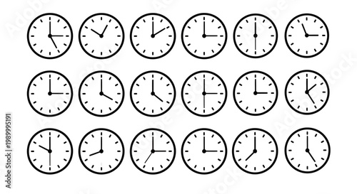 Grid of twenty analog clocks showing time set to 10:10 in a five by four pattern.