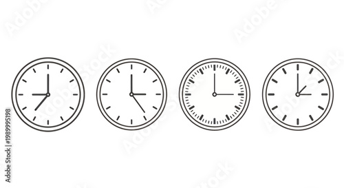 Four Analog Clocks in a Row Displaying Sequential Times.