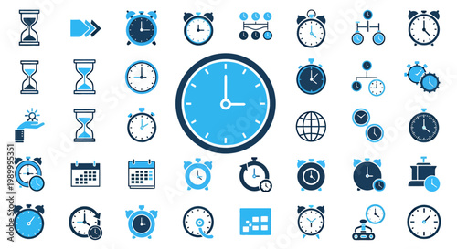 Blue timepiece icon set featuring clocks, timers, and watch faces in a decorative pattern.