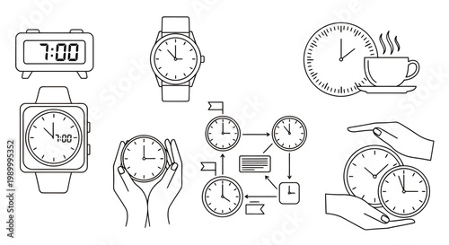 Hand-drawn collection of clocks and watches illustrating time, timing and time management concepts.