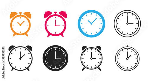 Assorted colorful analog clocks arranged in a grid pattern for graphic design inspiration.
