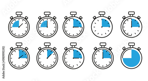 Set of twelve blue and silver stopwatches arranged in a grid for timekeeping and measurement.