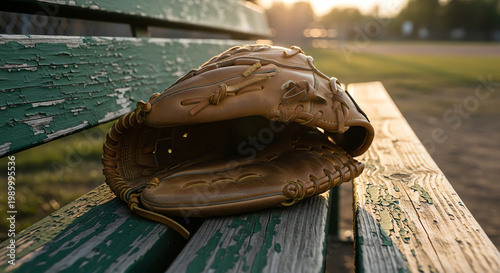 Baseball glove on old weathered park bench at sunset