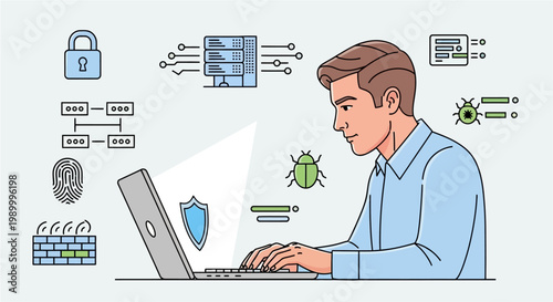 Man Working on Laptop with Security Icons.