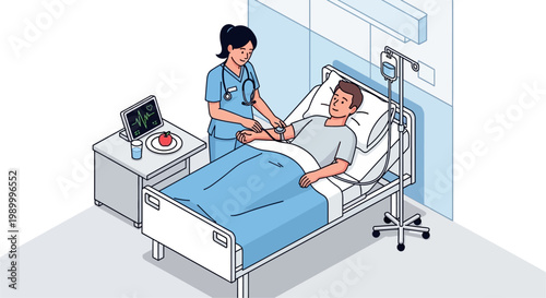 Nurse Assisting Patient in Hospital Bed.