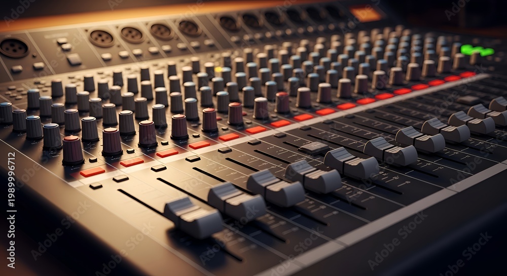Fototapeta premium Close-up of audio mixing console with faders and knobs