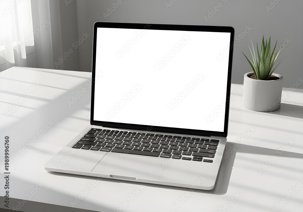 Fototapeta premium Minimalist Laptop Mockup on Clean White Desk with Plant and Soft Natural Light Shadows. 