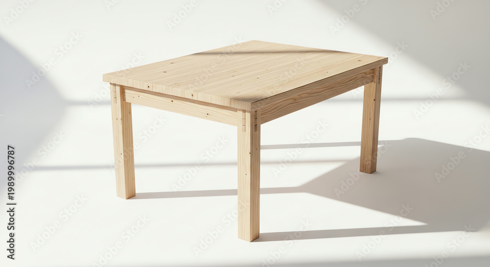 Fototapeta premium Minimalist wooden table on white background with natural light and shadow.