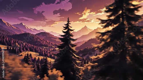 Majestic Mountain Valley at Sunset with Evergreen Forest and Dramatic Clouds
