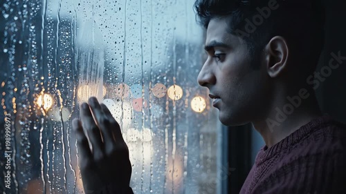 Sad man looking out rainy window, bokeh lights, contemplation, melancholy